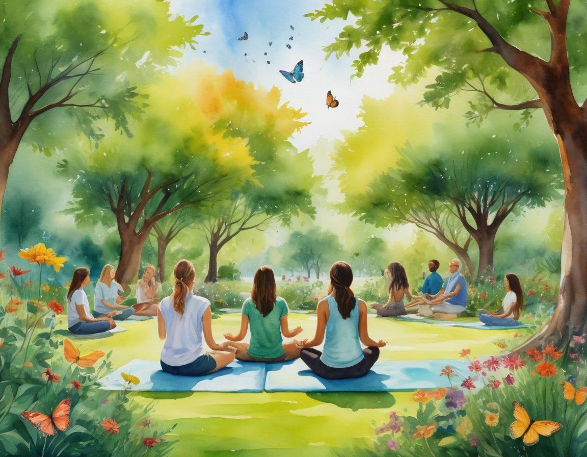 A serene landscape showcasing a diverse group of people engaged in various innovative therapies, such as art therapy, yoga, and meditation in a lush green park. Include elements symbolizing empowerment, like butterflies and blooming flowers, alongside community resources like a cozy support group circle and informational booths. The atmosphere should feel warm and inviting, illustrating connection and healing. watercolor art style. vibrant colors.