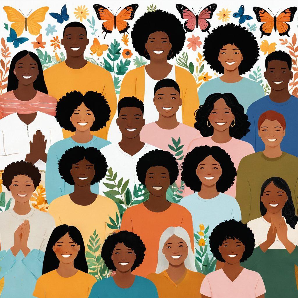 A collage of diverse individuals sharing their resilience journey, set against a backdrop of supportive community elements like hands together and hearts intertwined. Each person is depicted with a confident smile, radiating hope and strength, surrounded by symbols of growth like plants and butterflies. The color palette is bright and uplifting to convey positivity and transformation. super-realistic. vibrant colors. warm tones.